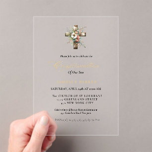 Elegant Watercolor  Floral Cross Confirmation Acrylic Invitations