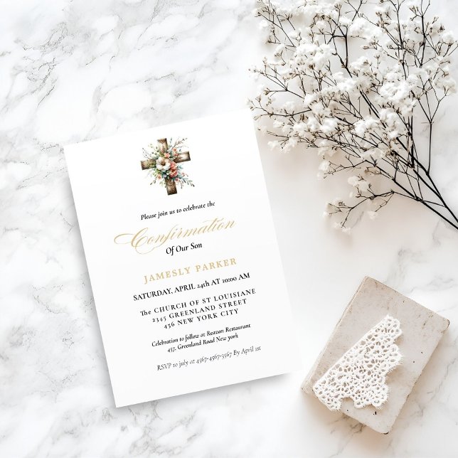 Elegant Watercolor  Floral Cross Confirmation Invitation (Creator Uploaded)