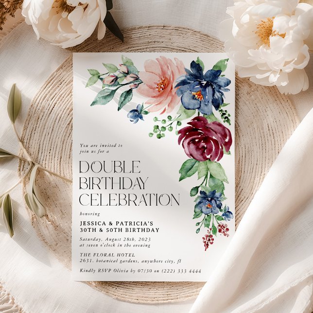 Elegant Watercolor Floral Double Birthday  Invitation (Creator Uploaded)