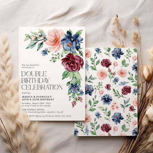 Elegant Watercolor Floral Double Birthday  Invitation