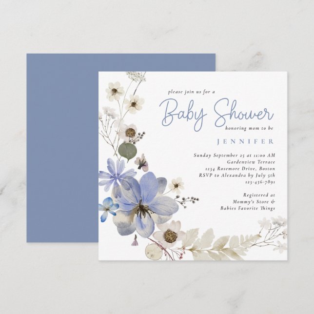 Elegant Watercolor Floral Dusty Blue Baby Shower Invitation (Front/Back)