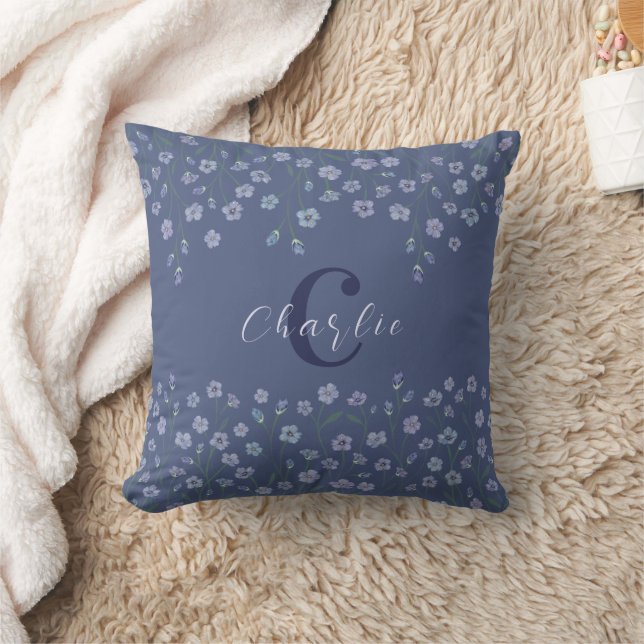 Elegant Watercolor Floral Dusty Blue Monogram Throw Pillow (Blanket)