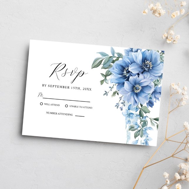 Elegant Watercolor Floral Dusty Blue Wedding RSVP Card (Elegant Watercolor Floral Dusty Blue Wedding RSVP Card)