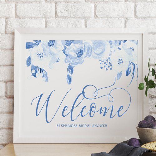 Elegant Watercolor Floral Dusty Blue Welcome Sign