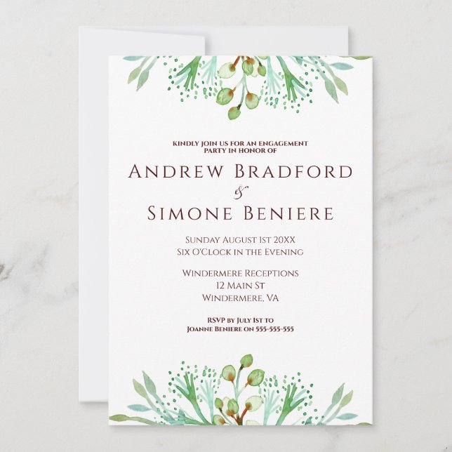 Elegant watercolor floral engagement party invitation (Front)