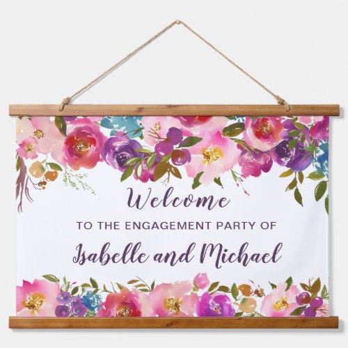 Elegant Watercolor Floral Engagement Party Welcome Hanging Tapestry