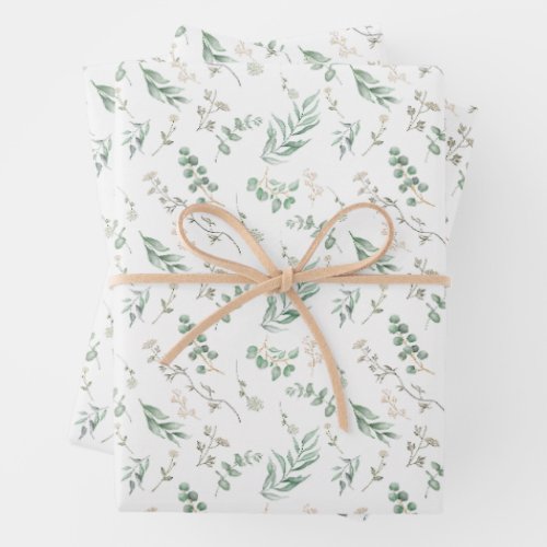 Elegant Watercolor Floral Eucalyptus White Wrapping Paper Sheets