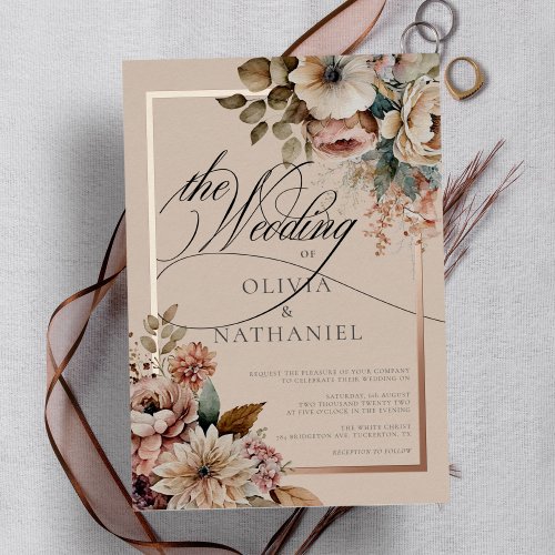 Elegant Watercolor Floral Fall Wedding Foil Invitation