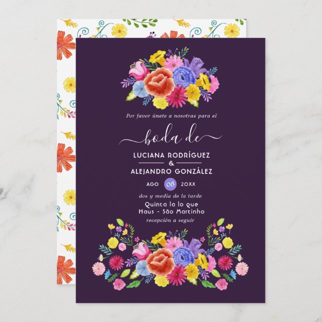 Elegant Watercolor Floral Fiesta Spanish Wedding Invitation (Front/Back)