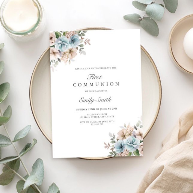 Elegant Watercolor Floral First Communion Invitation (Creator Uploaded)