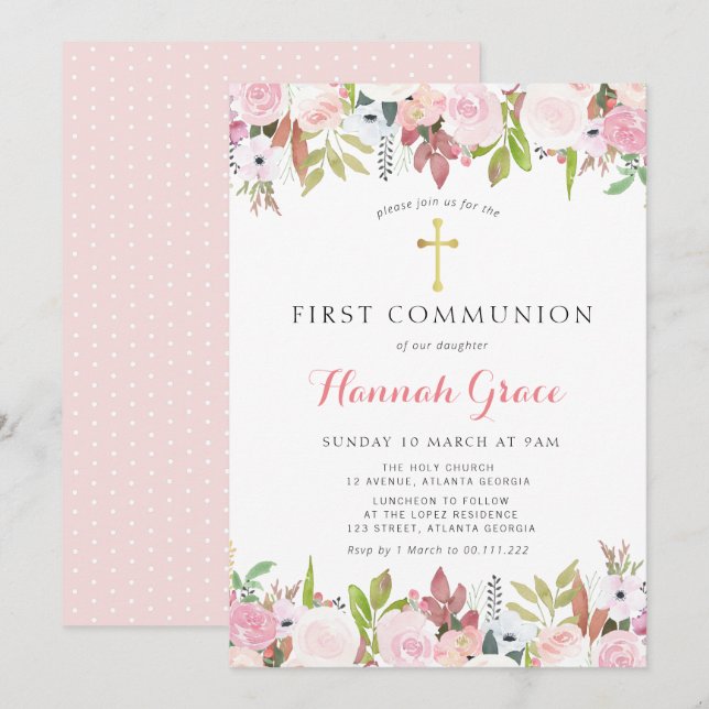 Elegant watercolor floral first communion invitation (Front/Back)
