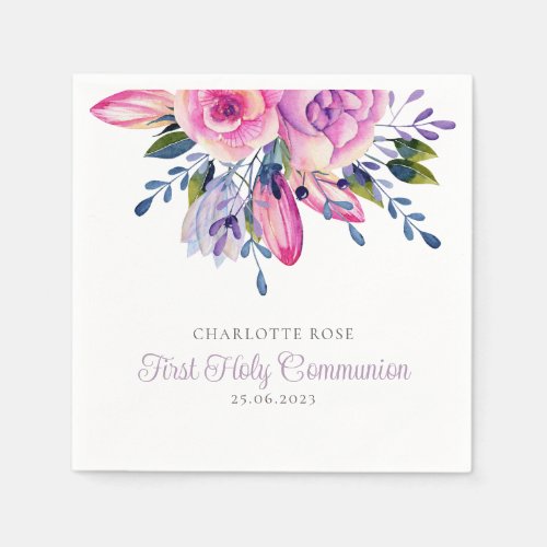Elegant Watercolor Floral First Holy Communion  Napkins