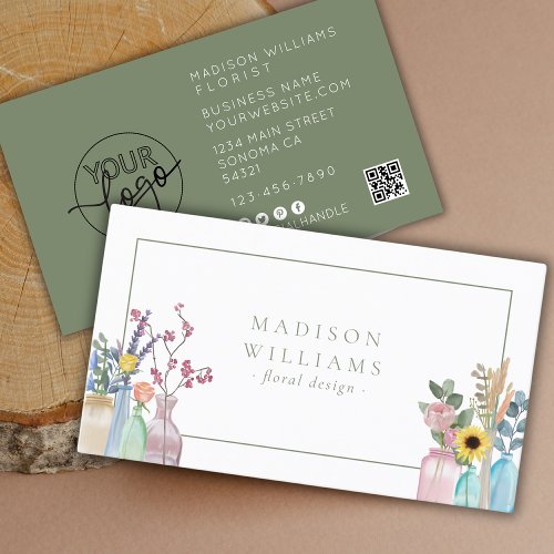 Elegant Watercolor Floral Florist Logo QR Code Business Card