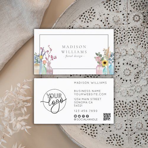 Elegant Watercolor Floral Florist Logo QR Code Business Card