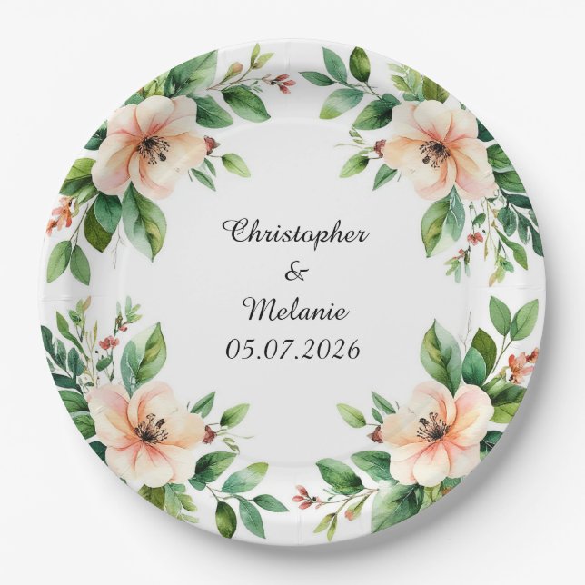 Elegant Watercolor Floral Frame  Paper Plates (Front)