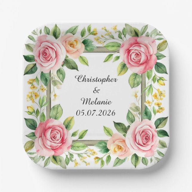 Elegant Watercolor Floral Frame  Paper Plates (Front)