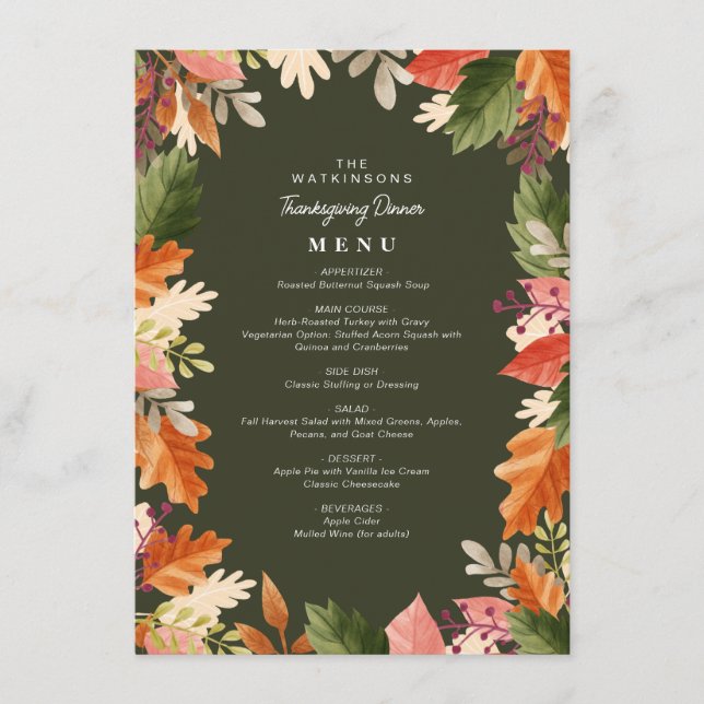 elegant watercolor floral frame thanksgiving menu (Front)