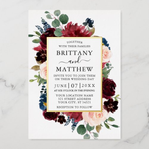 Elegant Watercolor Floral Frame Wedding Gold  Foil Invitation