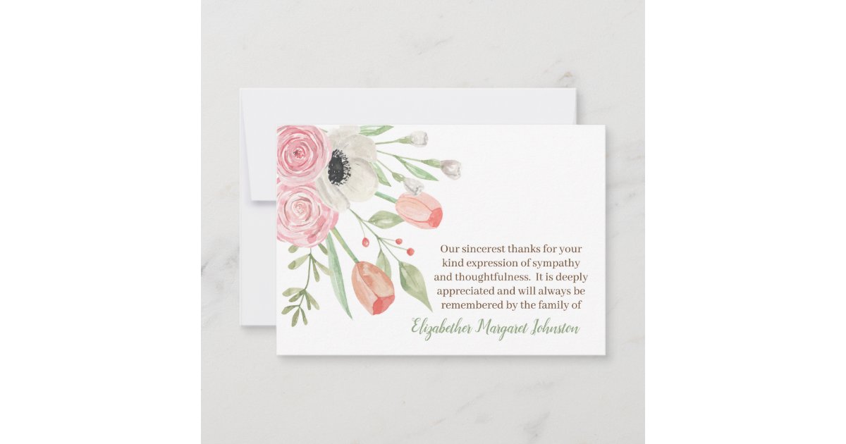 Elegant Watercolor Floral Funeral Bereavement Thank You Card | Zazzle