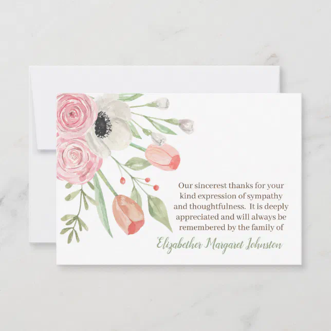 Elegant Watercolor Floral Funeral Bereavement Thank You Card | Zazzle