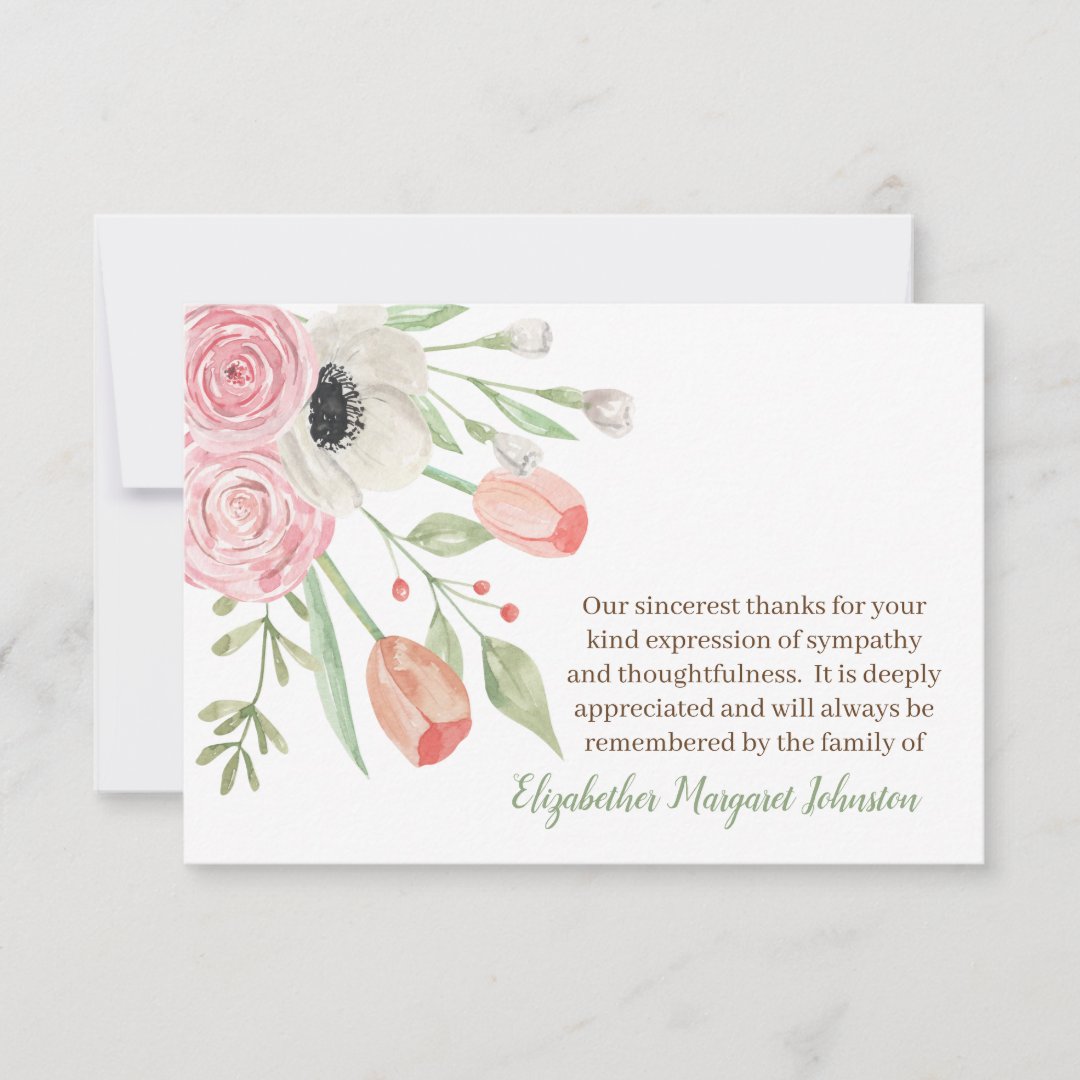 Elegant Watercolor Floral Funeral Bereavement Thank You Card | Zazzle
