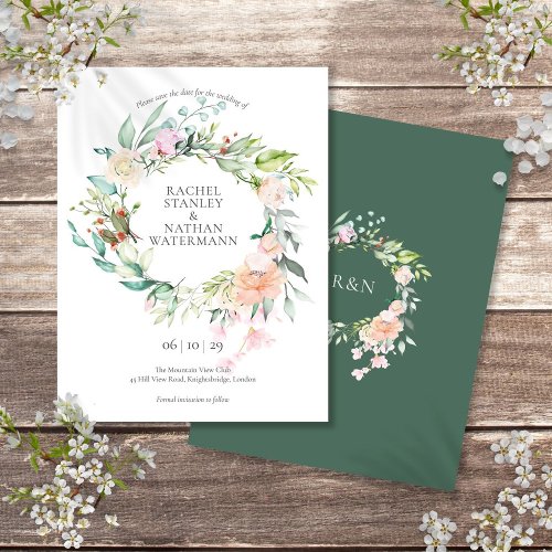 Elegant Watercolor Floral Garland Save the Date Announcement Postcard