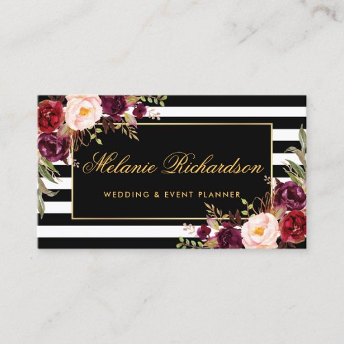 Elegant Watercolor Floral Gold Black Striped Business Card