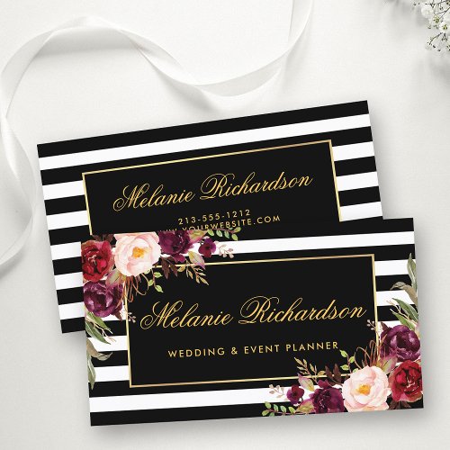 Elegant Watercolor Floral Gold Black Striped Business Card