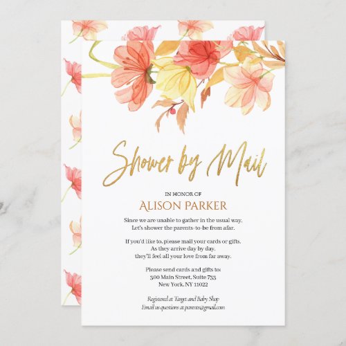 Elegant Watercolor Floral Gold Script Baby Shower Invitation