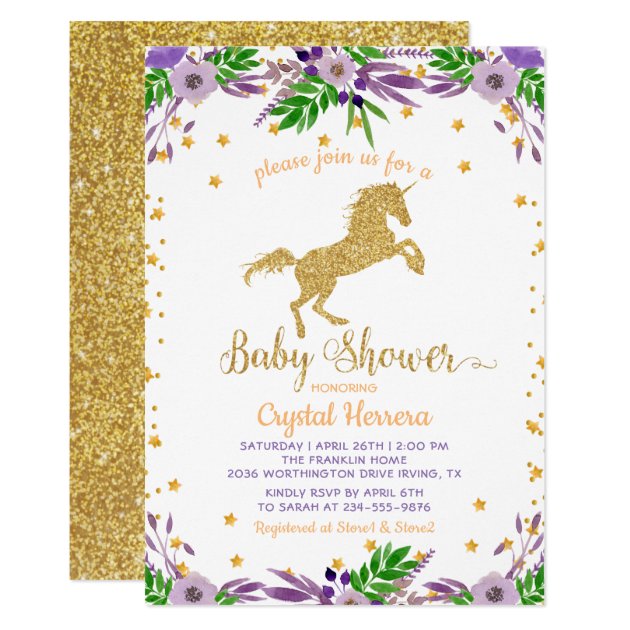 Elegant Watercolor Floral Gold Unicorn Baby Shower Invitation