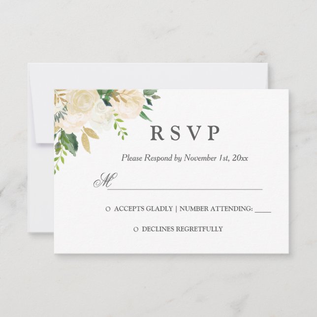 Elegant Watercolor Floral Gold Wedding RSVP Card (Front)