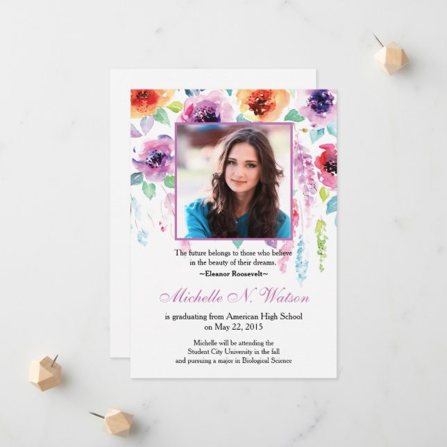 Elegant Watercolor Floral Graduation Announcement (Front/Back In Situ)