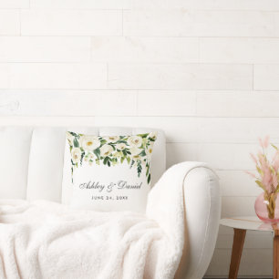 Elegant Watercolor Floral Green White Wedding Throw Pillow
