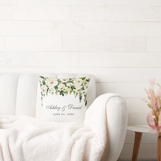 Elegant Watercolor Floral Green White Wedding Throw Pillow (Couch)