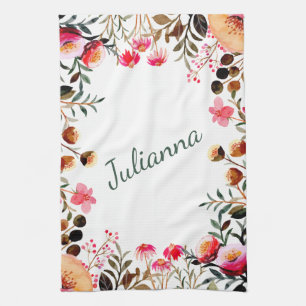 Elegant Watercolor Floral Greenery Personalized Kitchen Towel