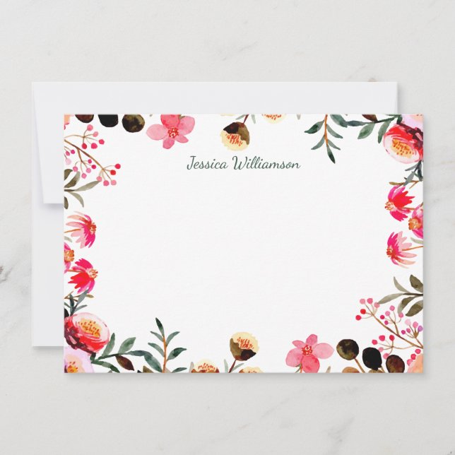 Elegant Watercolor Floral Greenery Personalized Note Card (Front)