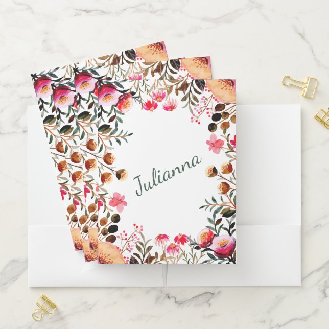 Elegant Watercolor Floral Greenery Personalized Pocket Folder (In Situ)
