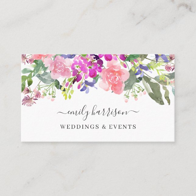 Elegant Watercolor Floral Hand Lettered Business Card (Front)