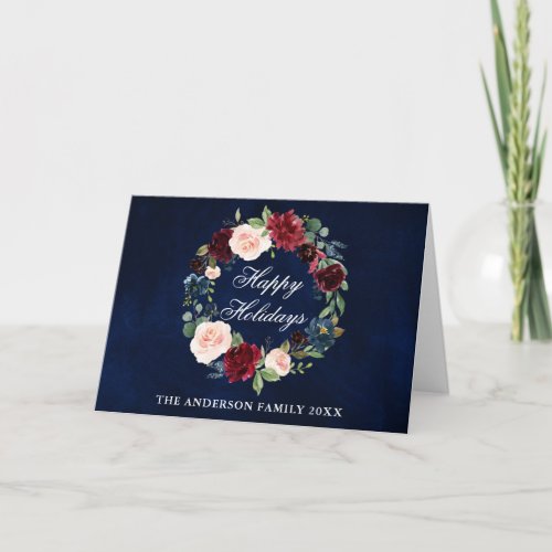 Elegant Watercolor Floral Happy Holidays Folded Card