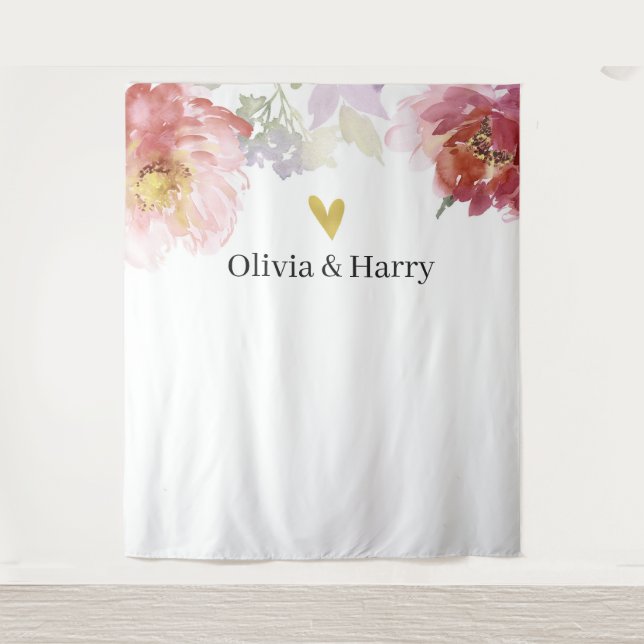 Elegant Watercolor Floral Heart Wedding Backdrop (Front)