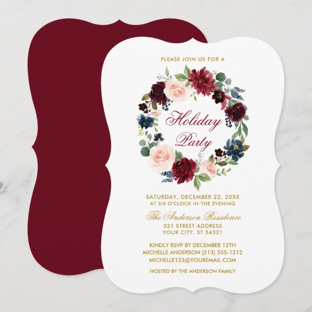 Elegant Watercolor Floral Holiday Party Bracket R Invitation (Front/Back)