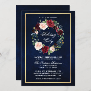 Elegant Watercolor Floral Holiday Party Gold Invitation