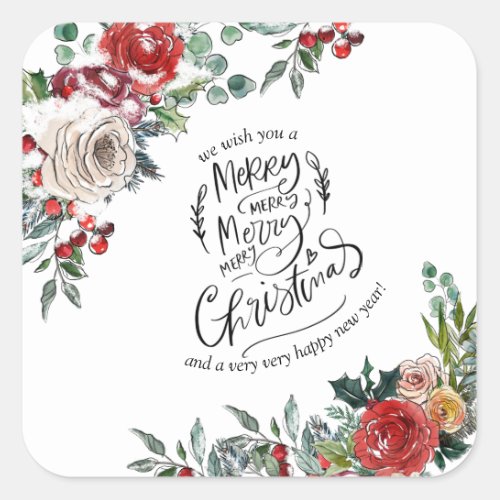 Elegant Watercolor Floral Holly Merry Christmas Square Sticker