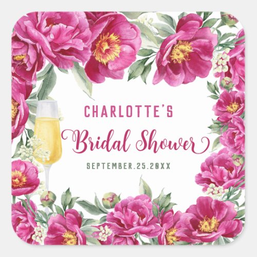 Elegant Watercolor Floral Hot Pink Bridal Shower Square Sticker