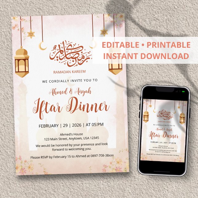 Elegant Watercolor Floral Iftar Invitation (Creator Uploaded)