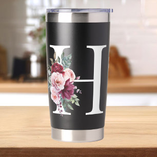 Elegant Watercolor Floral Initial Name Monogram Insulated Tumbler