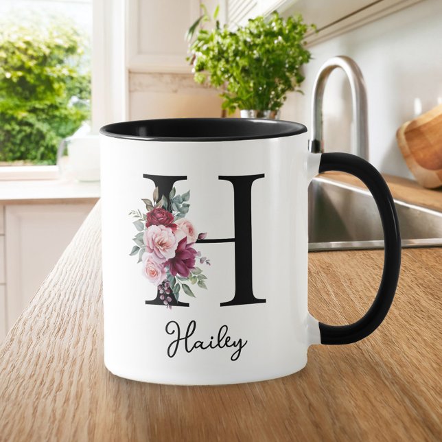 Elegant Watercolor Floral Initial Name Monogram Mug (Creator Uploaded)