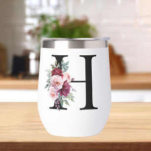 Elegant Watercolor Floral Initial Name Monogram Thermal Wine Tumbler