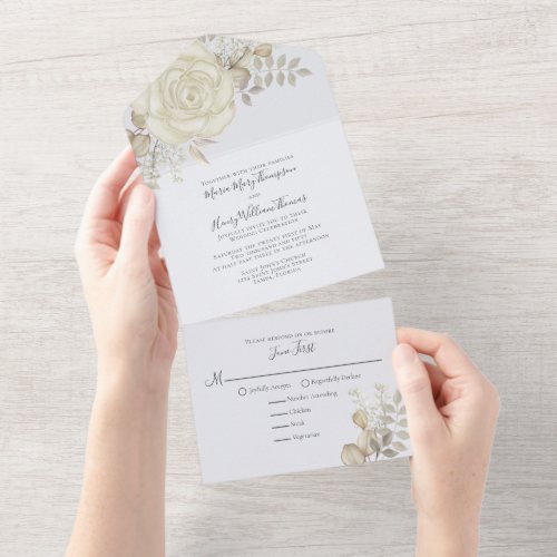 Elegant Watercolor Floral Ivory Cream Foliage  All In One Invitation