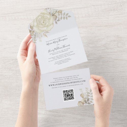 Elegant Watercolor Floral Ivory Foliage QR Code All In One Invitation